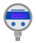 Budget Friendly Digital Pressure Gauge With 2.5 Inch Blue Backlit LCD 0 To 200 PSI All Stainless Steel Case One Quarter Inch NPT Connection One Percent Accuracy For Precise Readouts In Harsh Environments showing 200 PSI reading