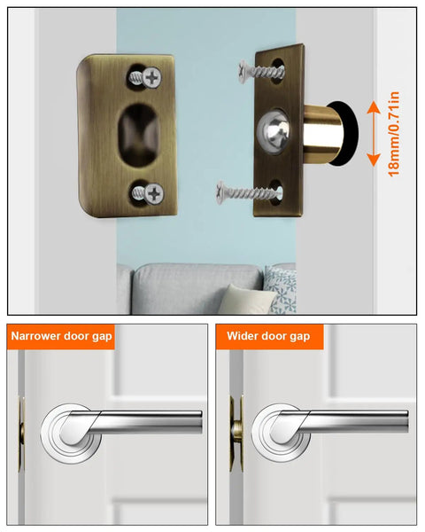 2 Pack Ball Catch Door Hardware For Top Of French Doors Adjustable Drive In Ball Latch Invisible Pantry Door Solution Bronze Finish Heavy Duty Stainless Steel Build Keeps Doors Quiet Closed And Secure, showing installation in door frame with adjustable ball and screws.