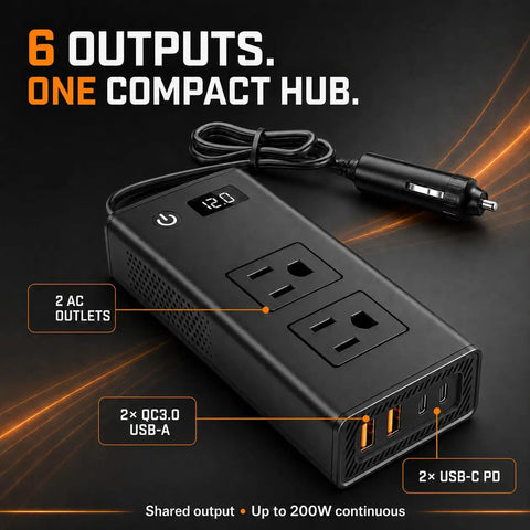 Heavy Duty 400W Car Power Inverter 12V DC To 110V AC For Tesla And EVs Straight Plug In Accessory Adaptor showcasing 6 outputs including AC and USB ports.