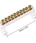Ten Position Terminal Block Connector Bar In A Single Row With High Bridge Design Solid Copper And Plastic Construction Two Pack Durable And Easy To Install For Electrical Wiring And Barrier Applications, front view showing measurements.