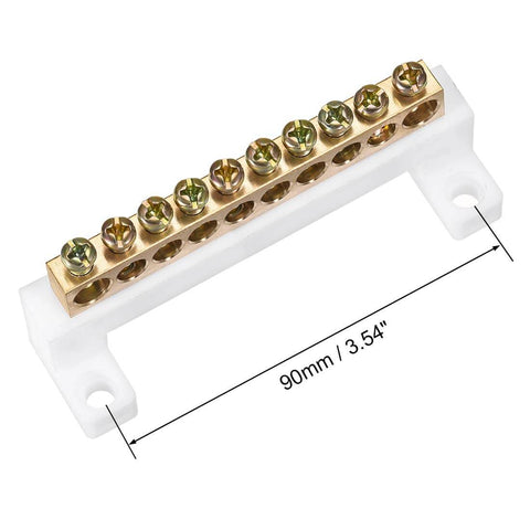 Ten Position Terminal Block Connector Bar In A Single Row With High Bridge Design Solid Copper And Plastic Construction Two Pack Durable And Easy To Install For Electrical Wiring And Barrier Applications, front view showing measurements.
