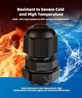 Waterproof NPT Quarter Inch Cable Gland Kit showing temperature resistance up to 85°C and down to -40°C with flame and water background.