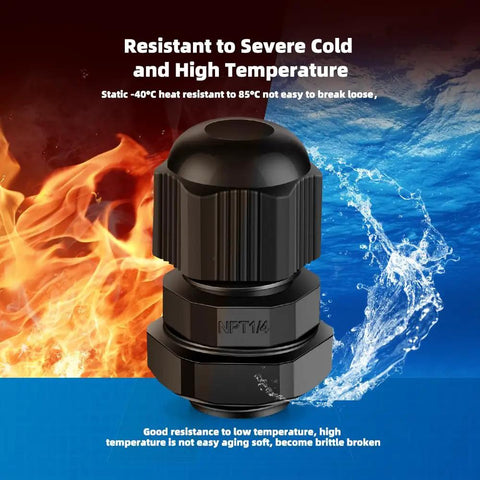 Waterproof NPT Quarter Inch Cable Gland Kit showing temperature resistance up to 85°C and down to -40°C with flame and water background.