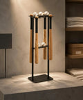 Heavy Duty Baseball Bat Stand With Badass Iron Frame Hella Tough Sports Equipment Rack For Game Room Gear Organizer And Electroplated Bat Display Holder Easy Setup with wooden bats and baseballs.