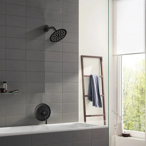 Sleek Matte Black Shower Head And Faucet Trim Kit Featuring Six Inch High Pressure Rainfall Spray And Smooth Single Handle Mixer Valve For Major Bathroom Glow Ups