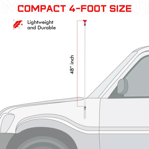 Diagram showing Four Foot Fiberglass CB Radio Antenna, 1000 Watt Rating, White Finish, on vehicle, highlighting anti-breakage design.