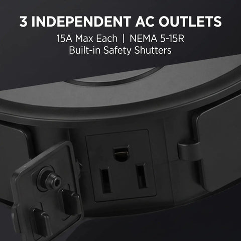 3 independently switchable wifi outlets shown on outdoor smart power strip, 15Amp surge protection, weather resistive design.