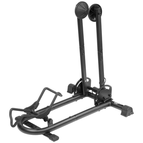 Foldable Bike Stand Floor Rack For MTB And Road Bikes With Quick Fold Design Durable Portable Garage Storage Fits Up To Two Point Four Inch Tire Width Easy Push In Front Holder Sturdy Bike Parking Rack, side view