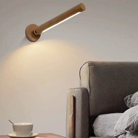 360 Degree Rotatable Wooden LED Wall Light With Magnetic Detachable Mount illuminating a cozy living room corner