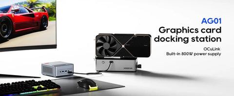 Heavy Duty Oculink Egpu Docking Station Featuring Rock Solid 800W Power Supply Optimized For Nvidia Rtx And Amd Radeon Cards on desk setup.