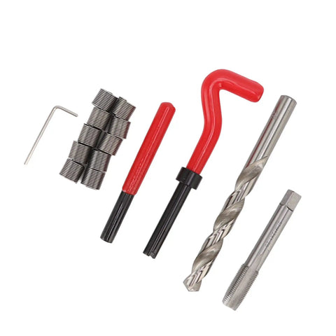 Heavy Duty M12 X 1.25 Thread Repair Kit With High Strength HSS Steel Inserts For Damaged Threads, Includes Drill Bits And Taps, Auto Engine Repair Tools With Red Handle, shown with inserts, drill bit and taps