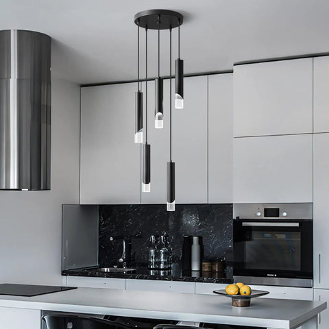 Cool Modern Dimmable LED Pendant Light Fixture in Black, 5 Light Mini Pendant Set in modern kitchen with acrylic columns