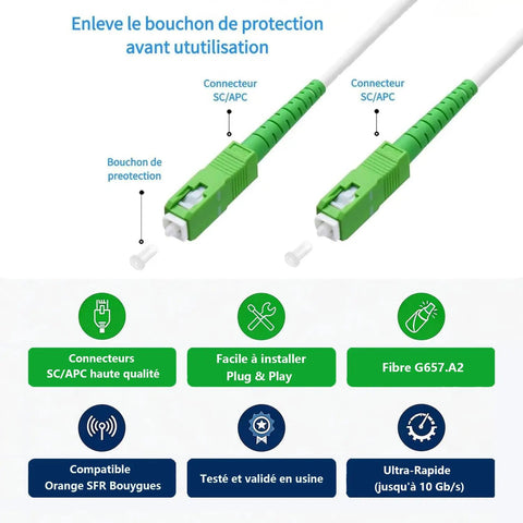 Heavy Duty Beast Grade Sca To Sca Singlemode Fiber Optic Cable Simplex Patch Cord Lszh Rated Jacket Ftth Home Fiber Extender Network Hookup No Hassle Plug Play Smooth Signal Transfer White 10 Meter SC/APC connectors with protective caps.