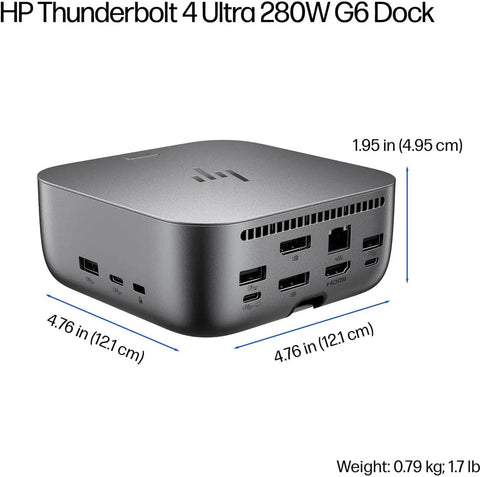 Universal Thunderbolt 4 Docking Station With 280W Power Delivery And USB C Port Replicator Bundle For Laptops Includes DKZ Hub, gray dock with multiple ports.