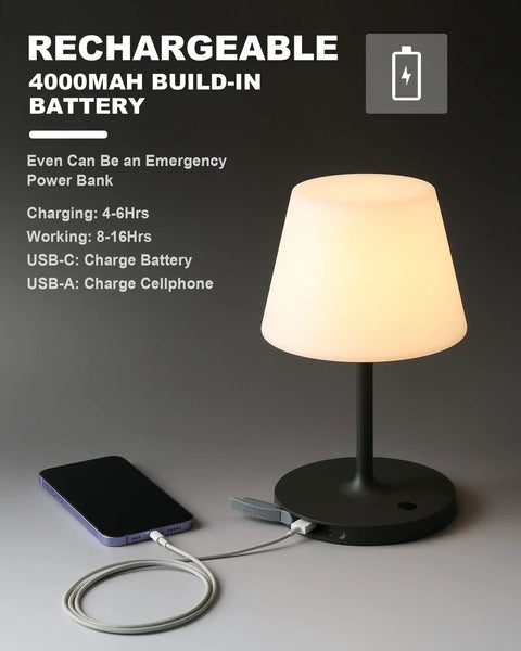 Cordless Outdoor Table Lamp With 4000mAh Battery Waterproof LED Night Light Touch Dimmable Desk Lamp For Patio Camping Home And Restaurant Portable Dark Grey, shown charging a phone with USB cable.