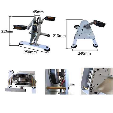 50W Portable Pedal Generator With Dual USB Output dimensions and close-up details of metal construction and gears