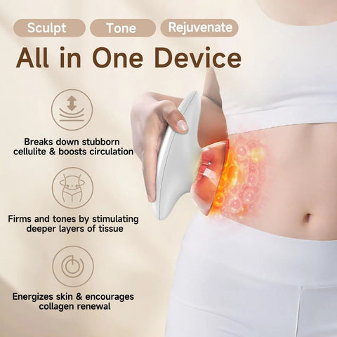 Person using Three In One At Home Body Sculptor With Suction Massage And Red Light Therapy For Arms Thighs And Belly Lymphatic Drainage Massager Portable Cellulite Tool For Smoother Skin on belly
