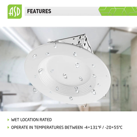 Close-up of a wet-rated 12 Pack 6 Inch LED Recessed Downlights With Integrated Junction Box 15W 1067 Lm 2700K To 5000K