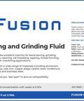 Label of Fusion Cool 2269 Machining and Grinding Fluid, highlighting chlorine-free biostable microemulsion for metal milling and drilling.