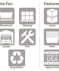 Icons showing uses and features of Nest And Stack Plastic Storage Totes Set Of 3, Built-Tough Red Distribution Bins with lids.