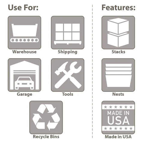 Infographic showing uses and features of Heavy Duty Nest And Stack Plastic Storage Containers In Gray Built Tough For Daily Hauls.