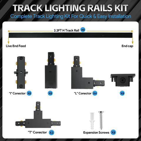 26Ft Black H Track Lighting Rails Complete H Style Track Lighting Kit 3 Wire With End Caps Live End Feeds T And L Connectors