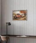 Vintage Red Pickup Truck Wall Art Rustic Farmhouse Barn Scene Horizontal Framed Print For Living Room Bedroom Or Home Office Cozy Country Vibe With Autumn Rural Charm on wall above desk