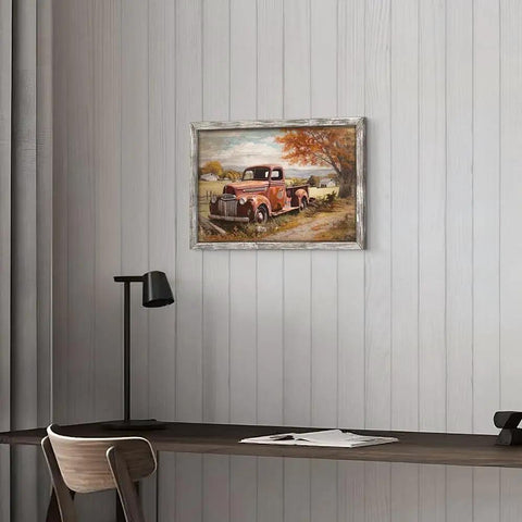 Vintage Red Pickup Truck Wall Art Rustic Farmhouse Barn Scene Horizontal Framed Print For Living Room Bedroom Or Home Office Cozy Country Vibe With Autumn Rural Charm on wall above desk