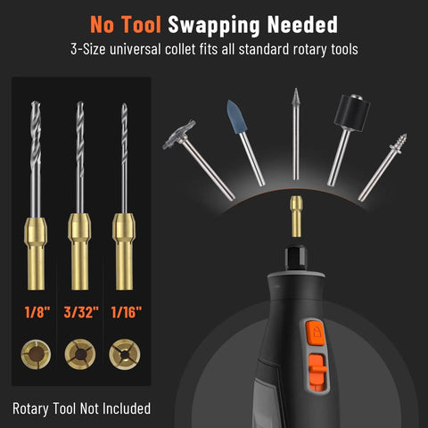 321 Piece Rotary Tool Bits Set For Compatibility With A Wide Range Of Projects Including Grinding Sanding Carving Polishing And Cutting Includes Three Universal Collets For Quick Bit Changes showing bits and collets