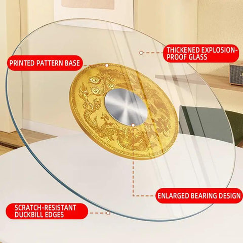 Huge 43 Inch Tempered Glass Lazy Susan Turntable For Dining Tables Smooth As Butter 360 Spin Clear Serving Tray with printed pattern base.