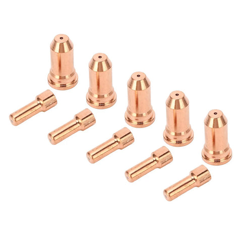 Upgrade Your PT100 Series Plasma Cutter With This Awesome 10 Piece Nozzle Electrode Kit Made From Premium Copper For High Temp Cutting Jobs, showing five nozzles and five electrodes.