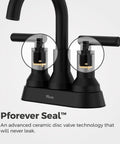 Close-up of Capistrano Matte Black 4-In Centerset 3-Hole Bathroom Sink Faucet showing dual handles with Pforever Seal technology.