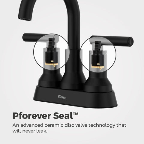 Close-up of Capistrano Matte Black 4-In Centerset 3-Hole Bathroom Sink Faucet showing dual handles with Pforever Seal technology.