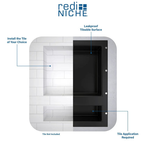 Double Recessed Shower Niche Shelf With Two Shelves 20 Inch High By 16 Inch Wide Black Tile Ready Built In Bathroom Organizer