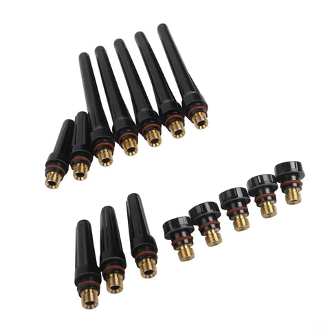 Dope 15 PCS Tig Back Cap Kit Fits Wp 17 18 26 Torch With Brass Bakelite Rubber Covers showing black and brass back caps.