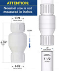 Diagram showing PVC Inline Check Valve For Backflow Prevention One And One Half Inch Solvent Connections White Plastic Stainless Steel Spring