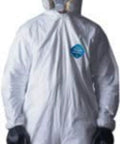 Person wearing Tyvek 400 Hooded Coveralls With Elastic Wrists And Ankles For All Day Comfort And Tear Resistant Protection, mask and helmet