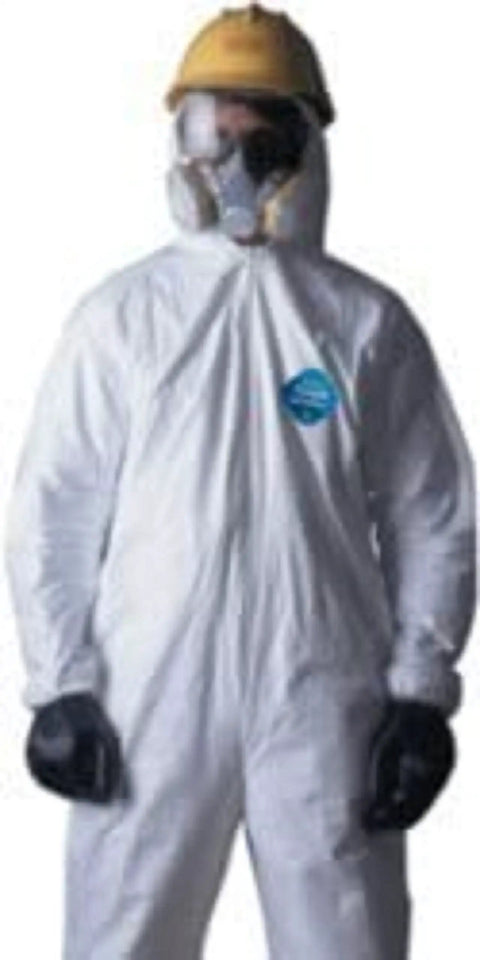 Person wearing Tyvek 400 Hooded Coveralls With Elastic Wrists And Ankles For All Day Comfort And Tear Resistant Protection, mask and helmet