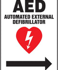 AED automated external defibrillator sign, front view with red heart graphic and right-pointing arrow.