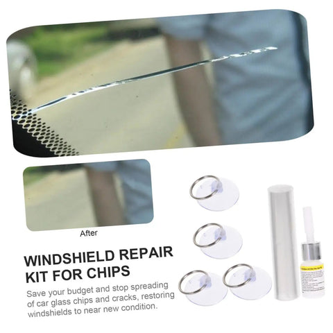Windshield Crack Repair Kit For Chips And Scratches, Quick Fix Car Glass Repair Tool displayed with repair supplies