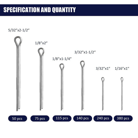 Built Tough Cotter Pin Assortment Kit With Case 1000 Piece Set Including Six Sizes From 1/16 To 5/32 Inch Durable Carbon Steel Split Pins