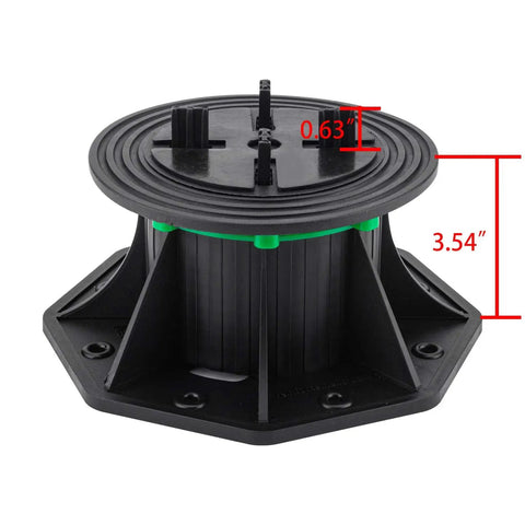 8 Pack Adjustable Plastic Pedestal Paver Stands For Decks And Floors, Height Locking 3.5 To 5.5 Inches, close-up side view.