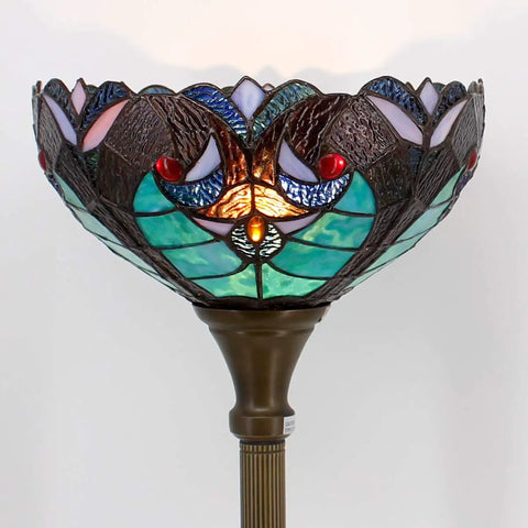 Tiffany Style Floor Lamp Green Liaison Stained Glass Light With 12 Inch Shade And 71 Inch Tall Torchiere Pole, antique bronze base
