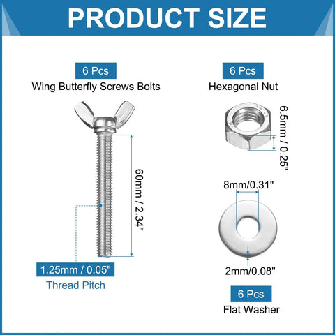 M8 Wing Butterfly Thumb Screws 304 Stainless Steel Bolt Kit with Hex Nuts and Washers Twist by Thumb No Sweat Fix for DIY Electronics Gear Wrench Free Quick Setup Silver with dimensions.