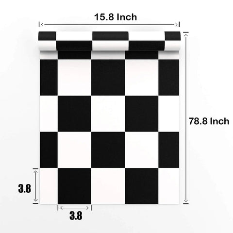 Top view of Self Adhesive Checkered Black And White Vinyl Floor Covering Roll 15.8 By 394 Inch with measurements shown
