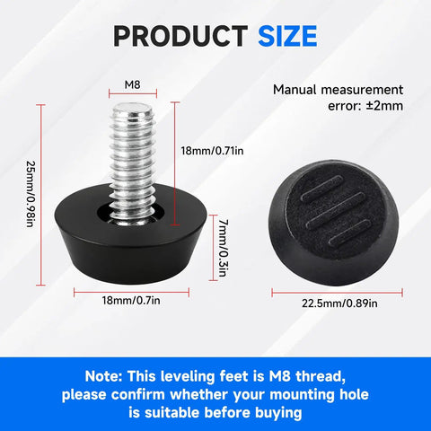 24 Pack M8 Furniture Levelers Screw In Adjustable Leveling Feet showing dimensions, galvanized iron with black base.