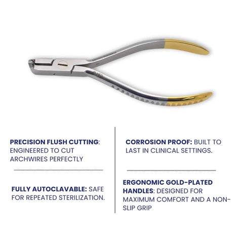 Pro Grade Tungsten Carbide Distal End Cutter for Orthodontics, 5.5 Inch Wire Cutter With Flush Trim, Cuts Hard Archwires Up To 0.022 By 0.028 Inch, Precision Pliers, Stainless Autoclavable Dental Tool, gold-handled side view