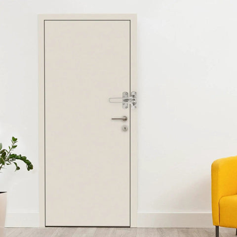 Swing Bar Door Lock For Front And Interior Doors Heavy Duty Brushed Metal Security Latch installed on white door.