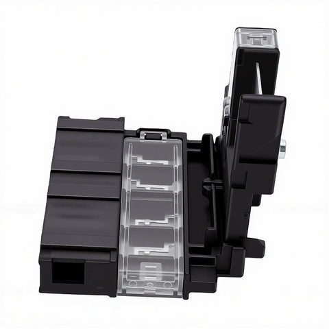 Heavy Duty Positive Battery Fuse Terminal Replacement For Nissan Altima Murano And Versa 2002-2015, black plastic connector with clear fuse housing.