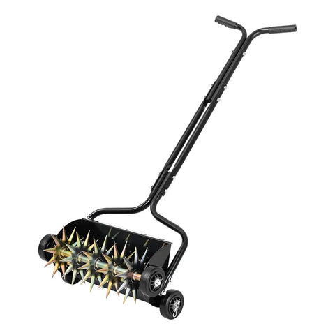 18 Inch Manual Push Spike Aerator with Four Wheels for Lawn Health, Rolling Lawn Aerator Tool Designed to Deepen Penetration